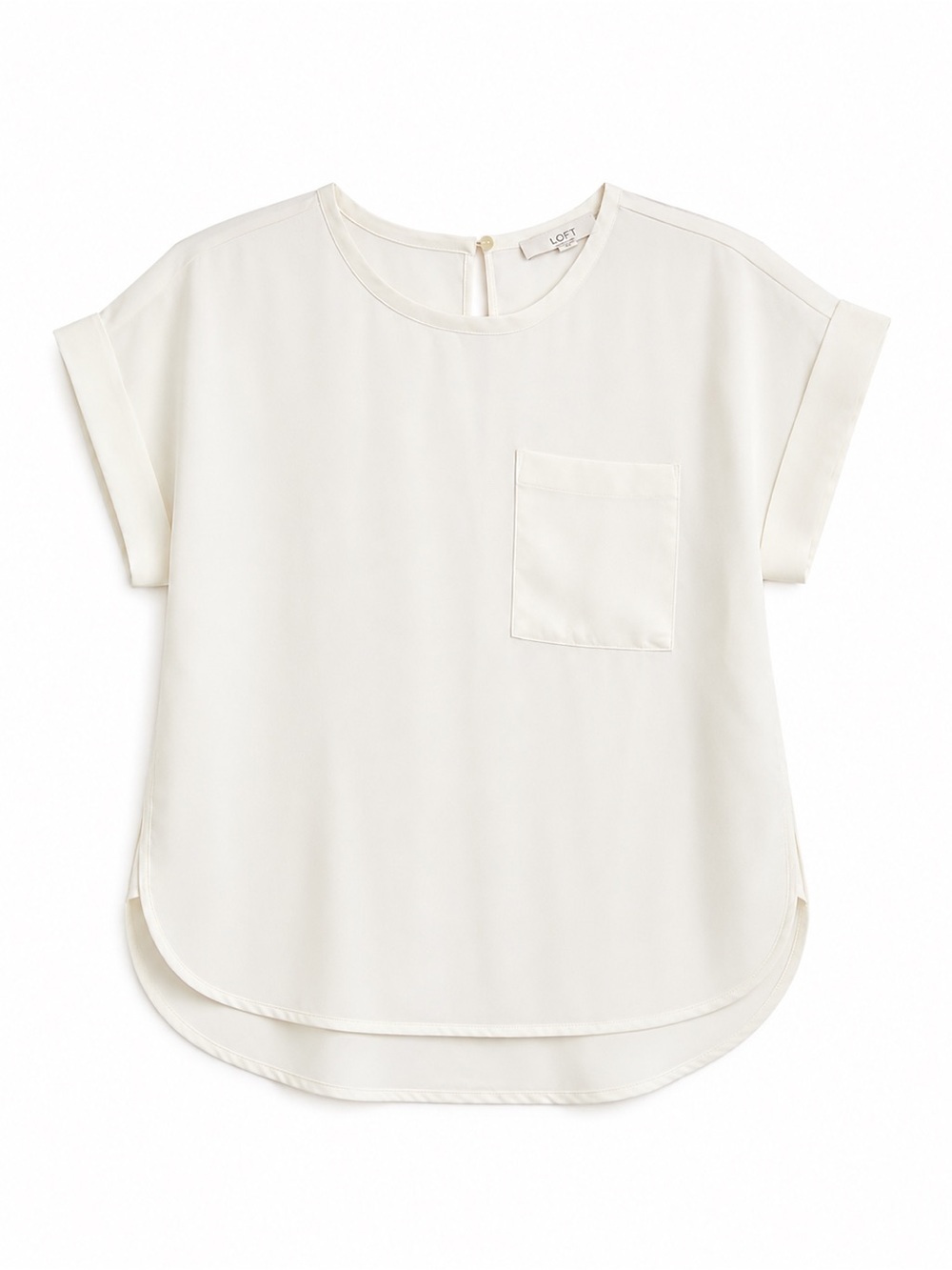 NWT! LOFT Women’s Ivory Pocket Blouse Top - Short Sleeve Curved Hem. Size: MP